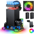 Top Auto Cooling Fan & Charge Stand for Xbox Series X Console with 11 Light Modes, Accessories Controller Wireless Charger Dock, 2*1400Mah Rechargeable Batteries, Headset Stand & Game Disc Storage