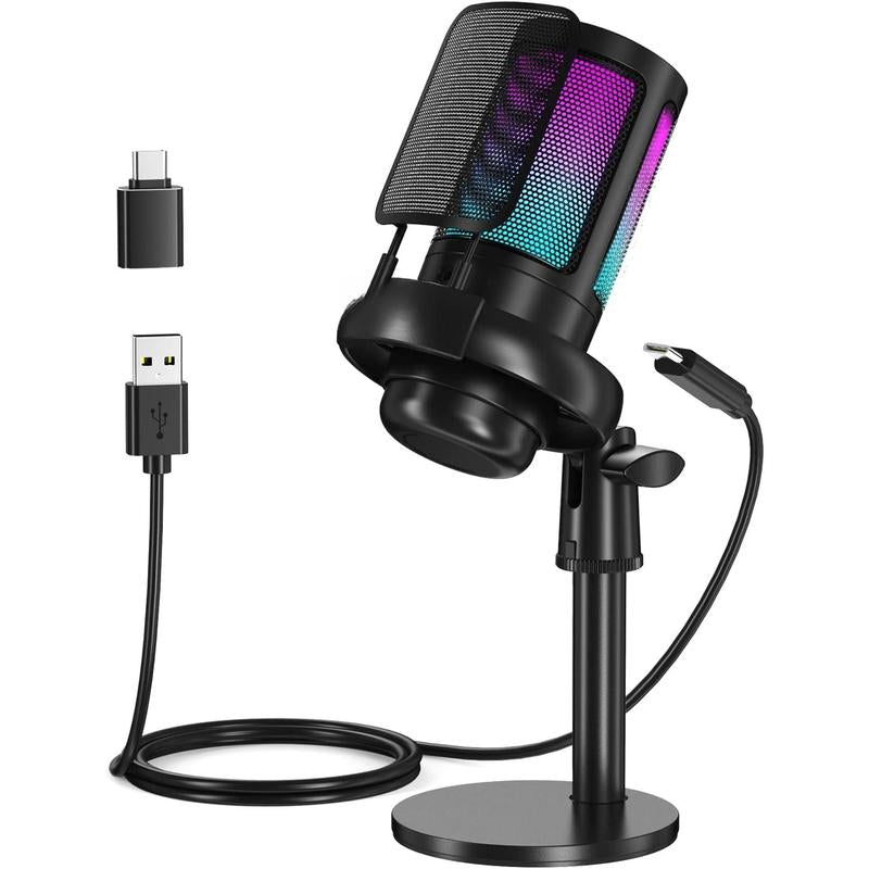 Gaming Microphone, RGB Condenser Mic with Touch Mute & Gain Knob