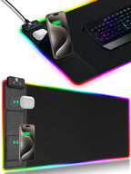 XXL Mouse Pad with Phone Holder - Black, RGB Desk Mat with 15W Fast Charging, LED Gaming Mousepad with 11 Light Colors, Waterproof Non-Slip Pad for Office & Home