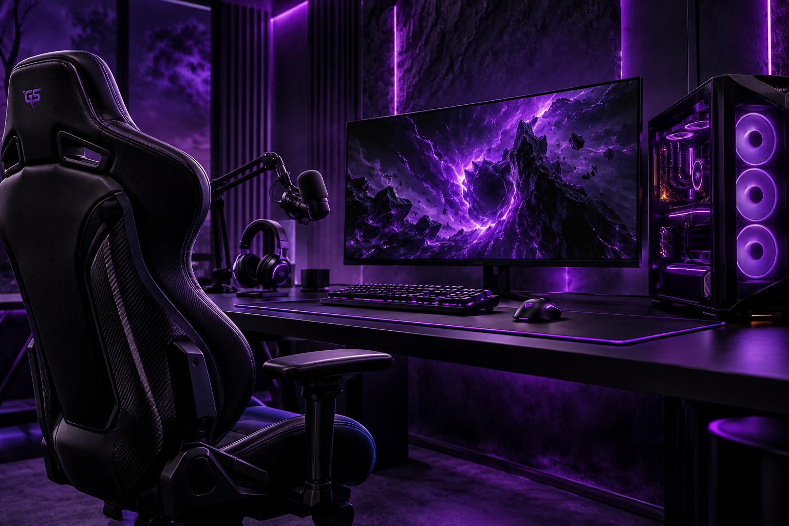 Violet-lit GearSpawn gaming setup with subtle GS chair branding